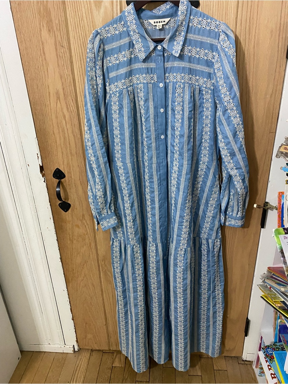 Boden Ellie Cotton Maxi Shirt Dress Broderie Denim Sz 16-18L Missing Belt. - Picture 6 of 8